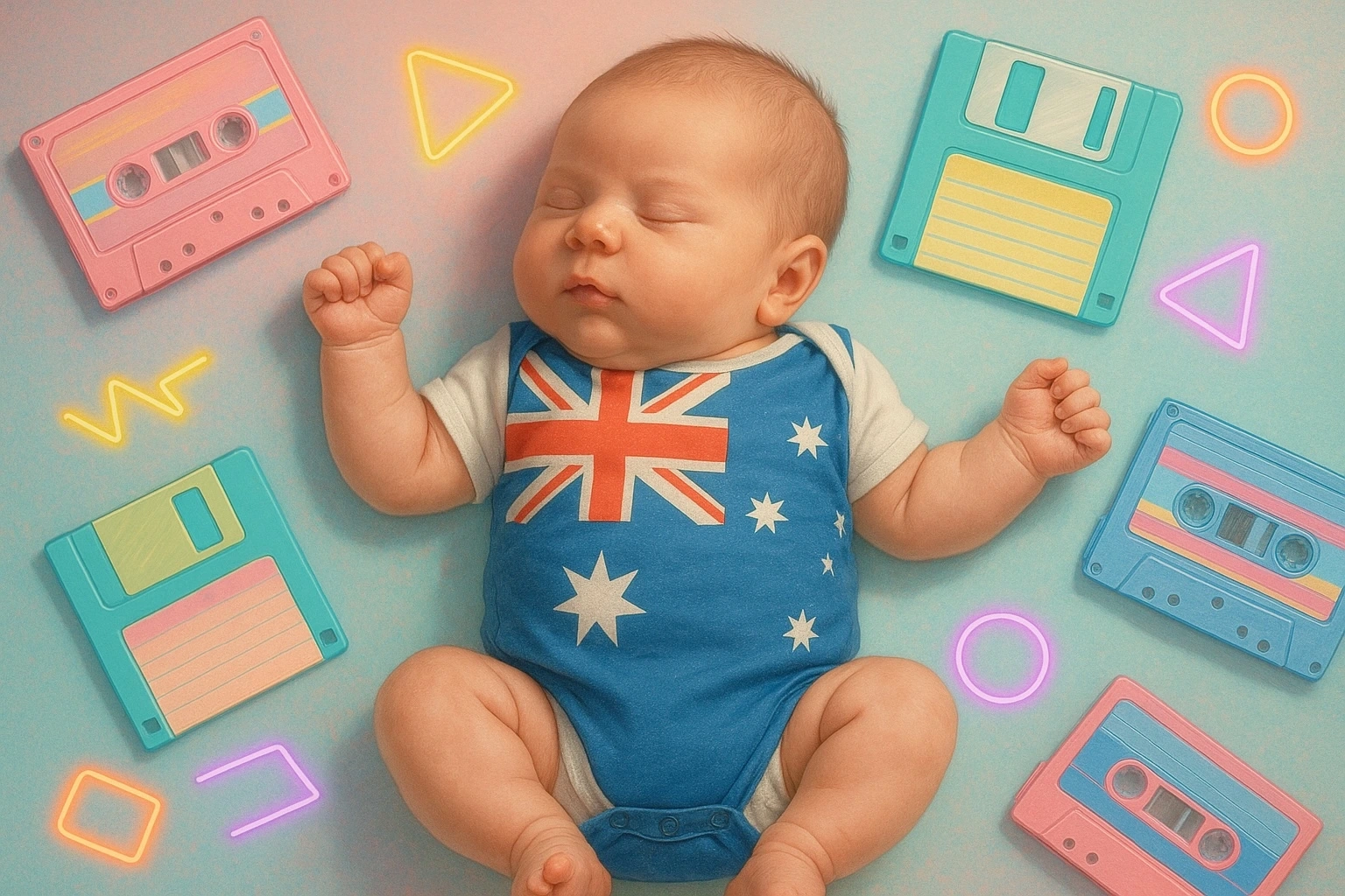 Sleeping baby in an Australian-flag onesie lying on a pastel backdrop, surrounded by retro cassette tapes, floppy disks and neon geometric shapes