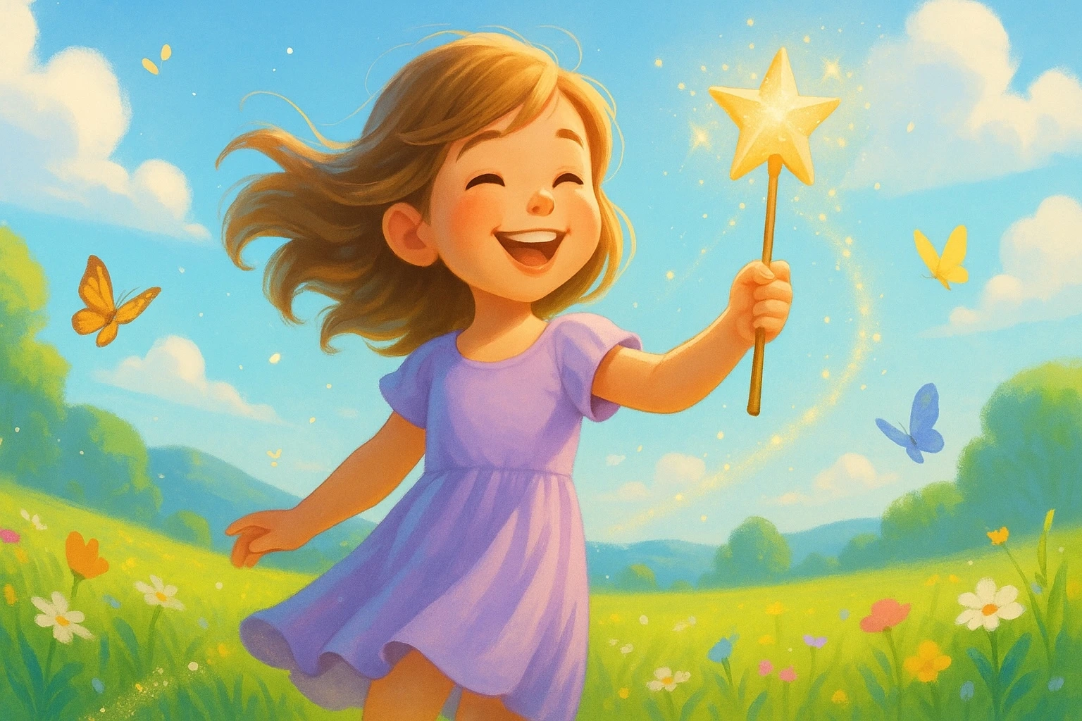 Smiling girl in a purple dress holding a magic star wand in a sunny meadow with butterflies