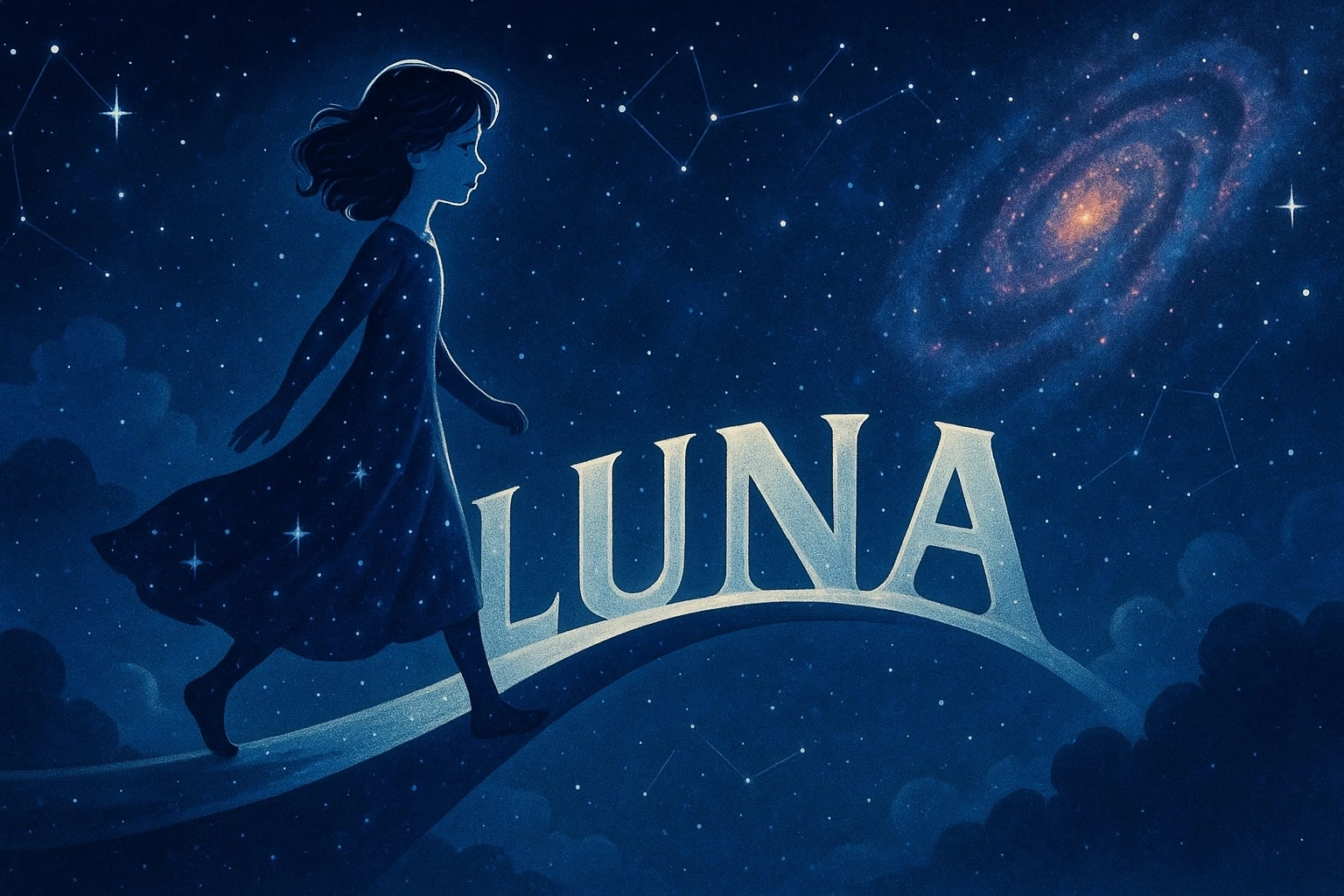 Baby name illustration of Luna, showing a girl walking across a starry night sky with constellations and a galaxy.