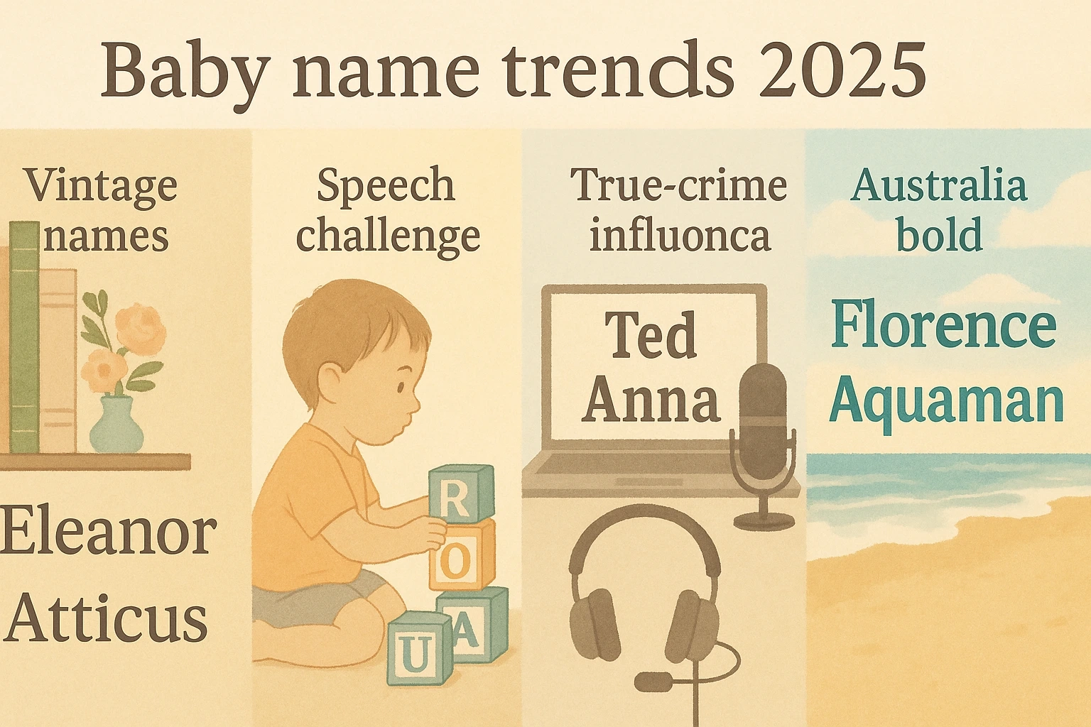 Baby name trends 2025 – collage with vintage style names like Eleanor and Atticus, speech-challenging names Rory and Aurora, crime-inspired names, and bold Australian choices from Florence to Aquaman, wide-format illustration.