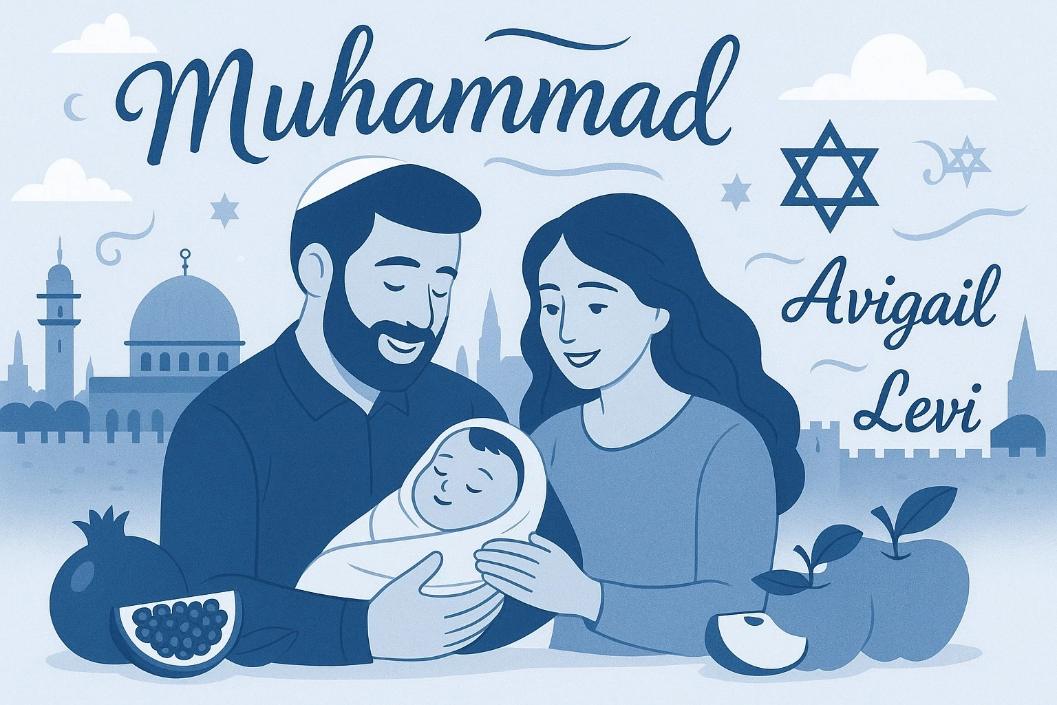 Illustration in blue and white of a Jewish family in Jerusalem celebrating the birth of a baby, with the father wearing a kippah, the Star of David, pomegranates and apples with honey, and the names Muhammad, Avigail and Levi written around them.