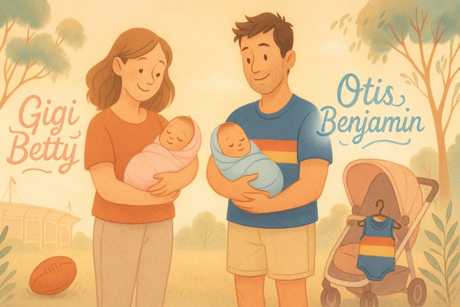 Illustration of two sporty Aussie parents proudly holding newborns named Gigi Betty and Otis Benjamin, with subtle football details in a pastel celebratory style.