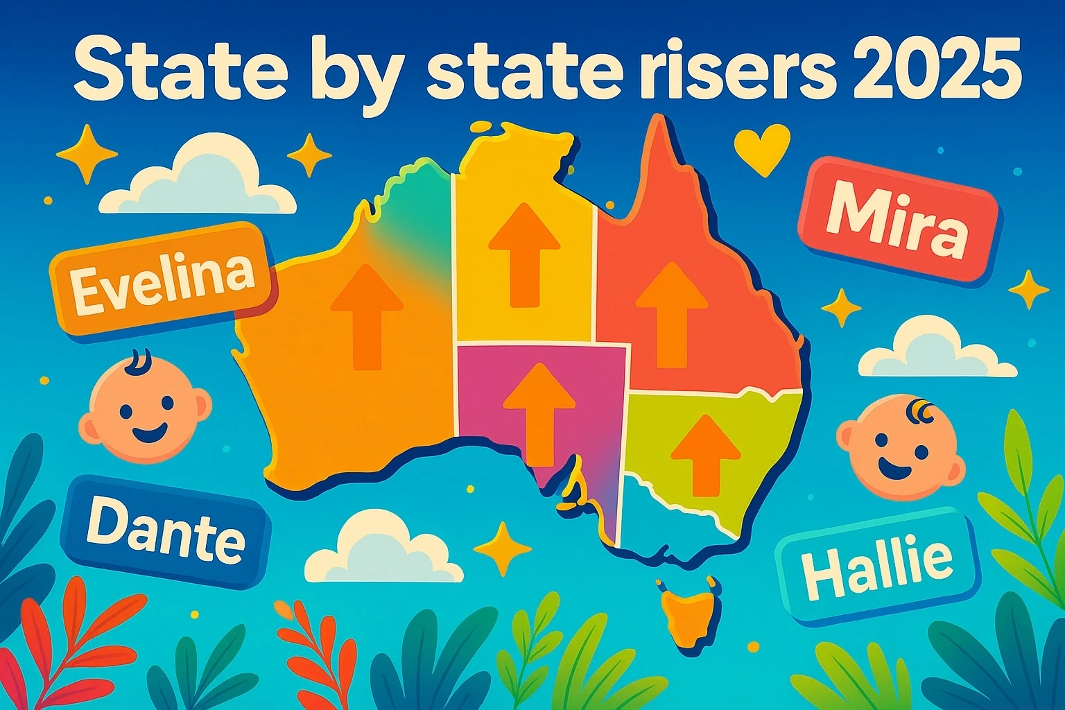 Wide pastel map of Australia titled ‘State by state risers 2025’, each state shaded with upward arrows, framed by eucalyptus leaves and floating name tags Evelina, Mira, Hallie and Dante.