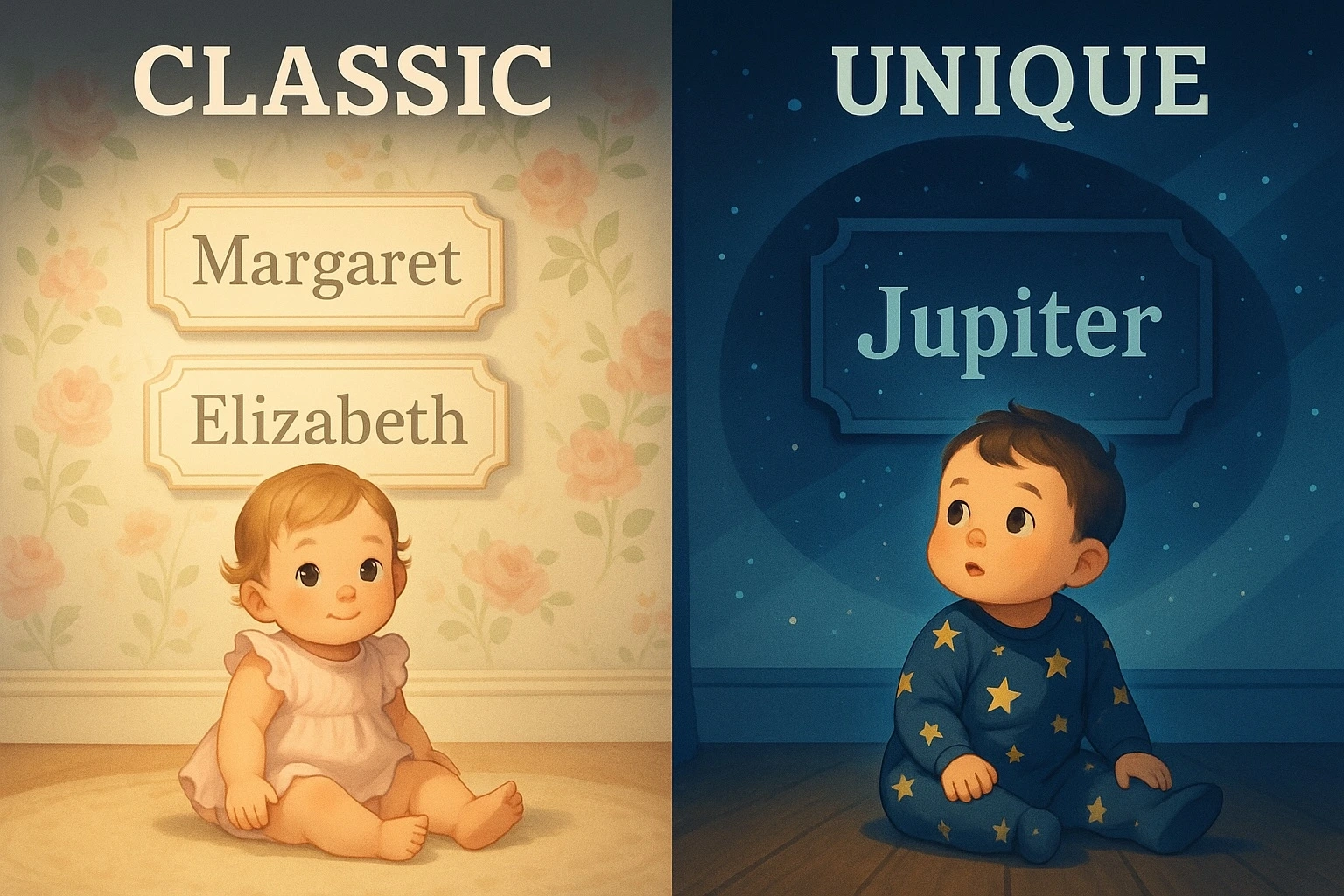 Illustration comparing classic and unique baby names. On the left, a smiling baby girl in a pink dress sits against floral wallpaper under the names “Margaret” and “Elizabeth.” On the right, a curious baby boy in starry pyjamas sits under a night sky-themed wall with the name “Jupiter.” The left side is labelled “Classic” and the right side “Unique.”
