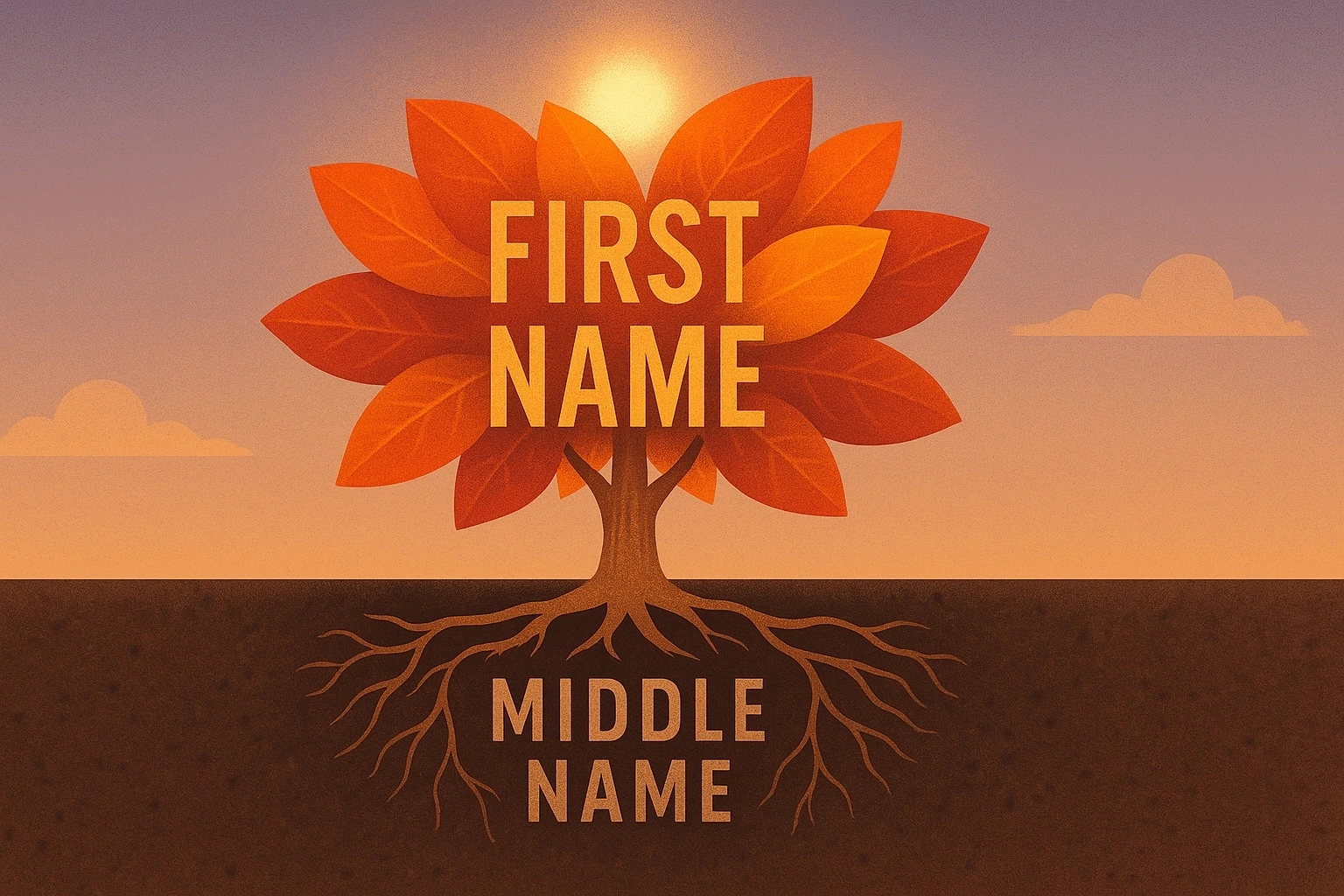 Illustration of a tree with orange leaves labelled “First Name” above ground and roots labelled “Middle Name” underground, symbolising how the middle name grounds and supports the first.