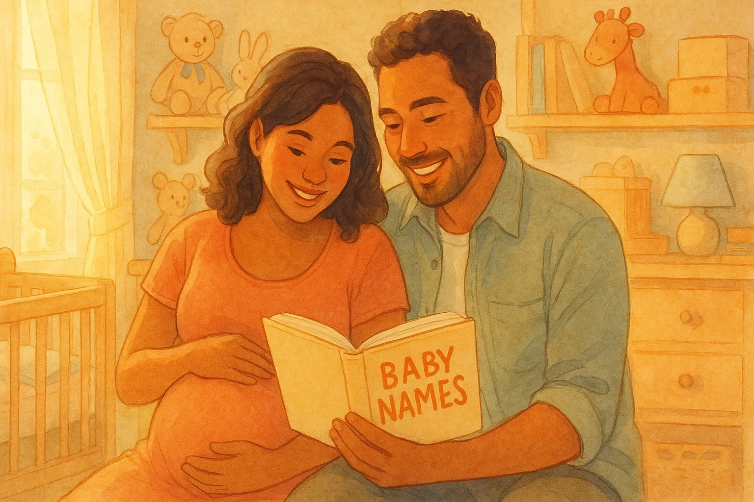 Warm illustration of an expecting couple sitting in a softly lit nursery, smiling as they read a baby name book together, surrounded by toys and gentle sunlight.