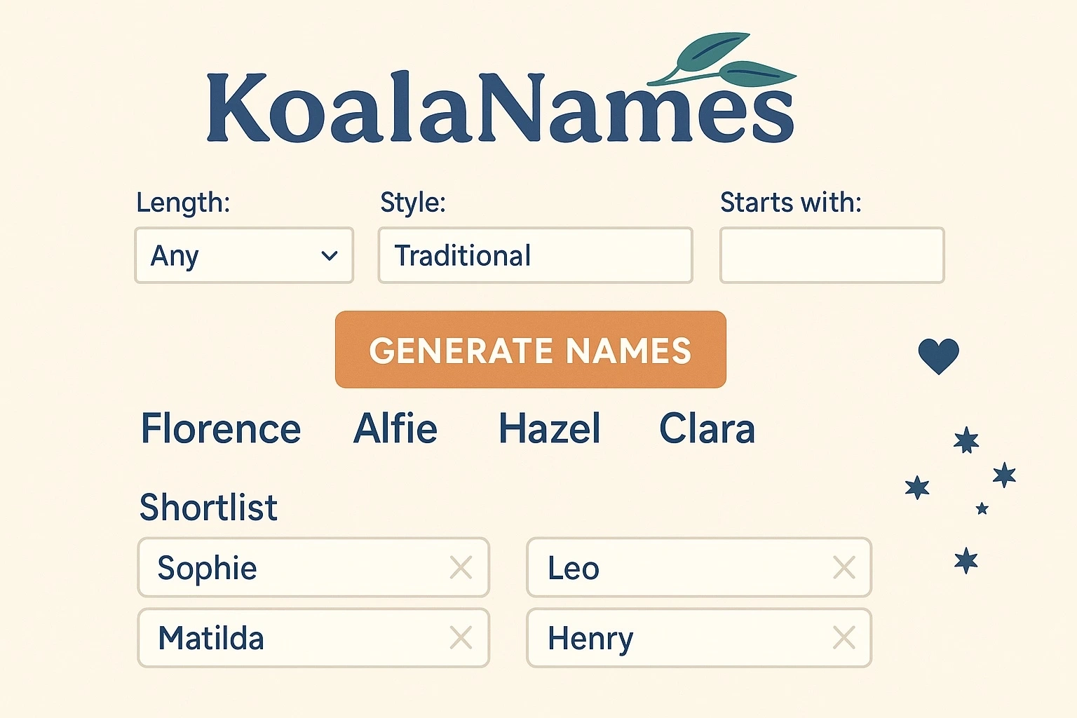 Illustration of the KoalaNames generator screen with filters for length and style, a Generate button and a shortlist of names.