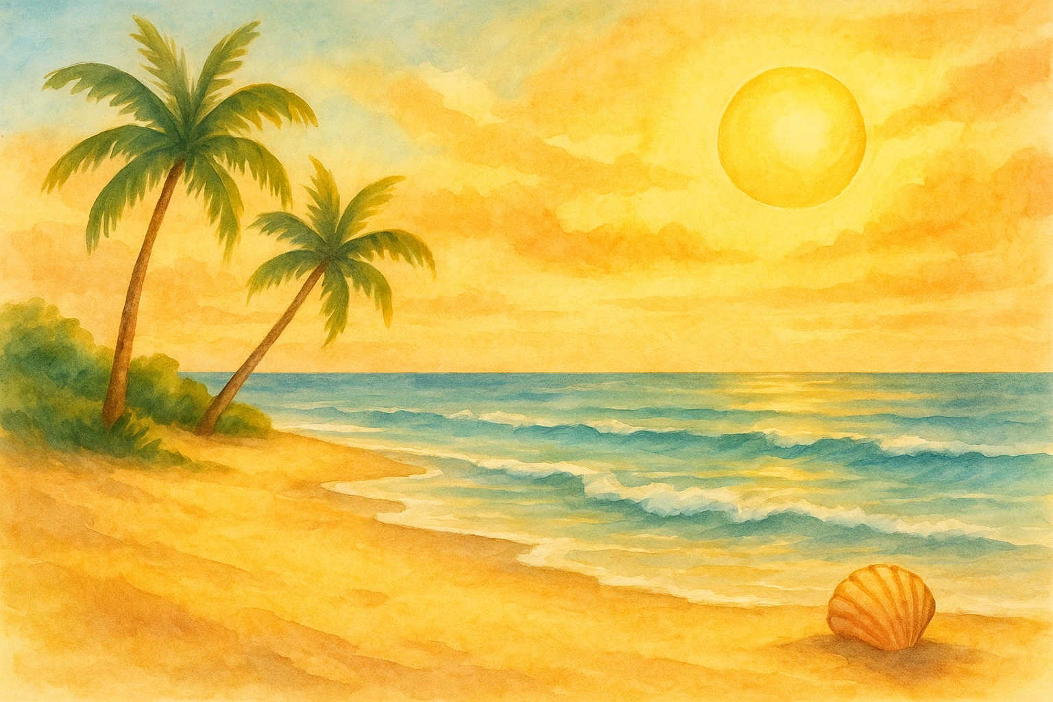 Watercolour beach illustration with bright sunlight, ocean waves and soft sand — representing warm, summer baby name vibes in Australia.