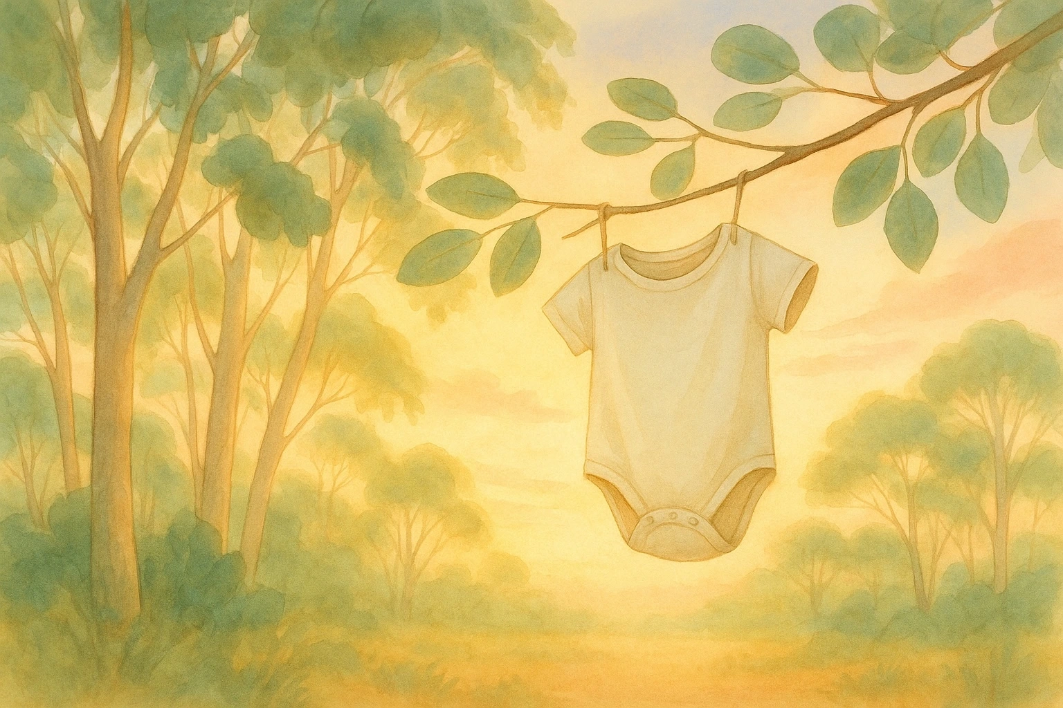 Nature-inspired Australian baby names like River, Coral, and Jarrah – text over eucalyptus background