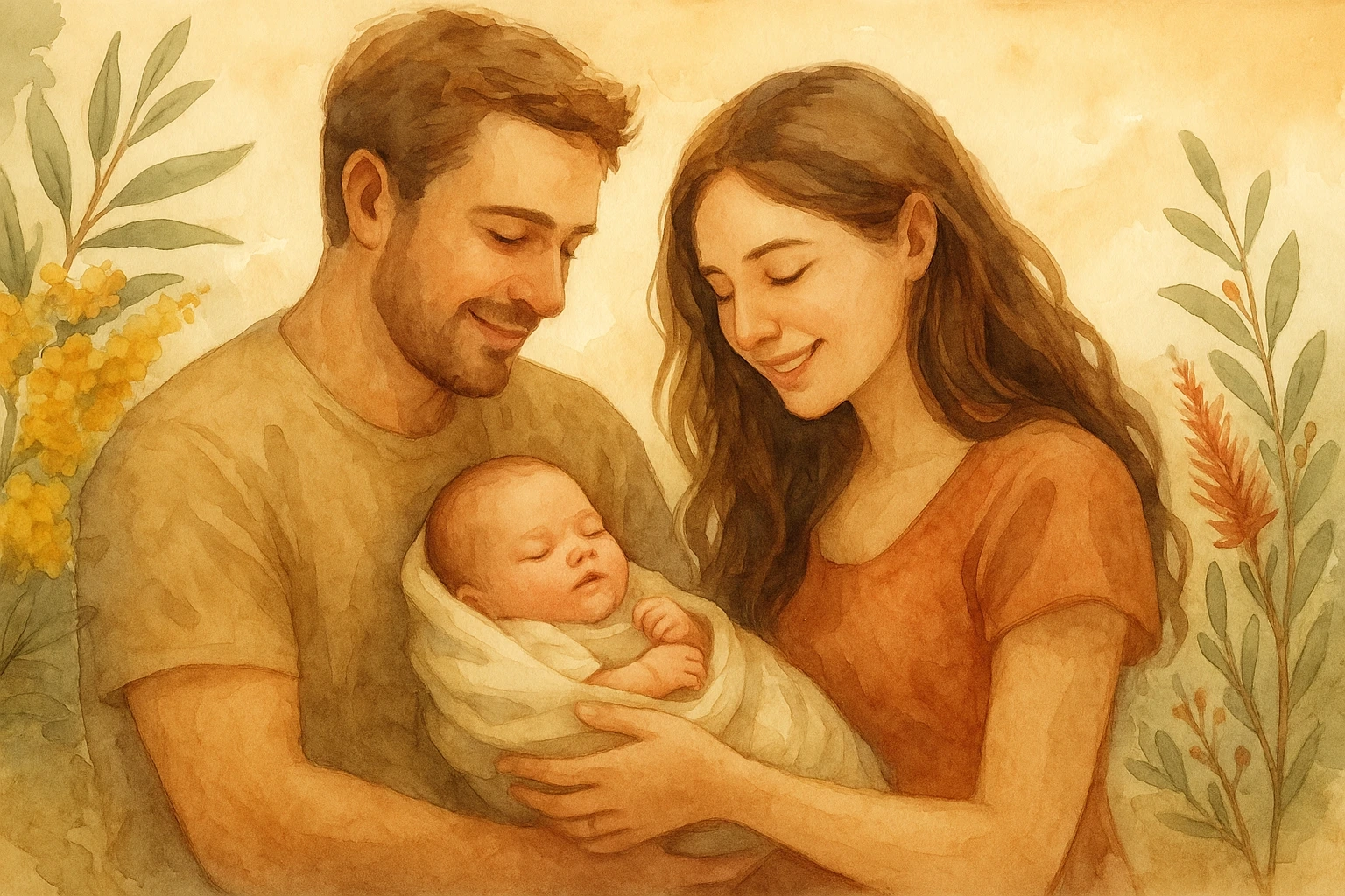 Watercolour illustration of young Australian parents holding their newborn baby surrounded by eucalyptus leaves and soft daylight — symbolising family heritage, warmth and the revival of middle names.