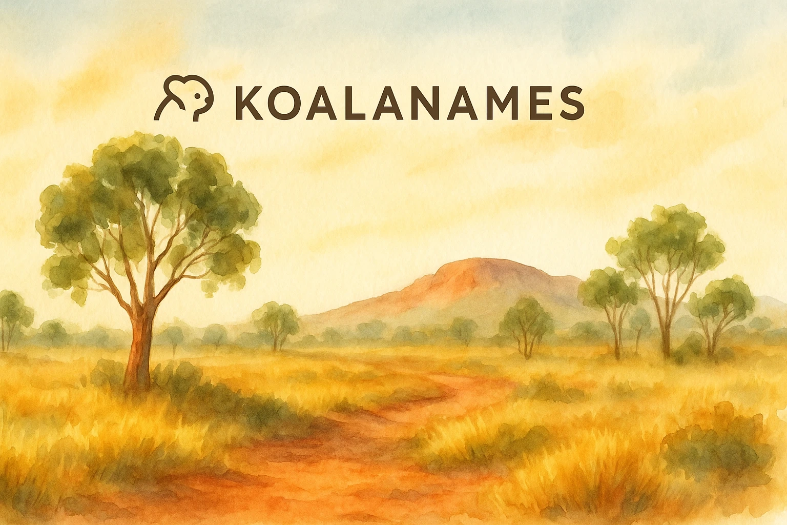 Watercolour landscape of the Australian outback with eucalyptus trees, red soil and golden grass under soft light, featuring the KOALANAMES logo above — symbolising nature-inspired Australian baby names.