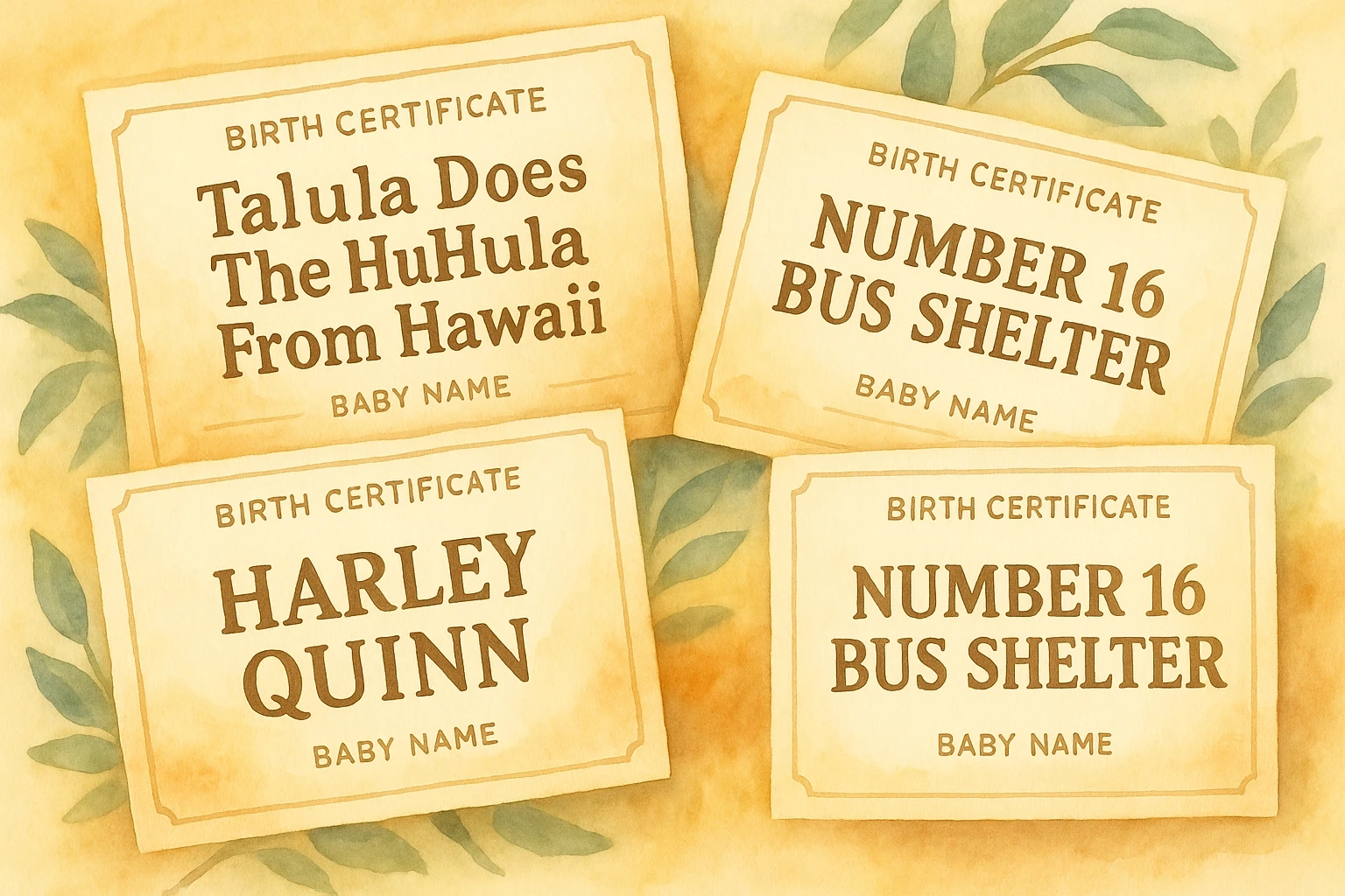 Whimsical watercolor illustration showing four overlapping birth certificates with unusual names like “Talula Does The Hula From Hawaii” and “Number 16 Bus Shelter,” surrounded by soft eucalyptus leaves — symbolising the funniest and strangest baby names in Australia and beyond.