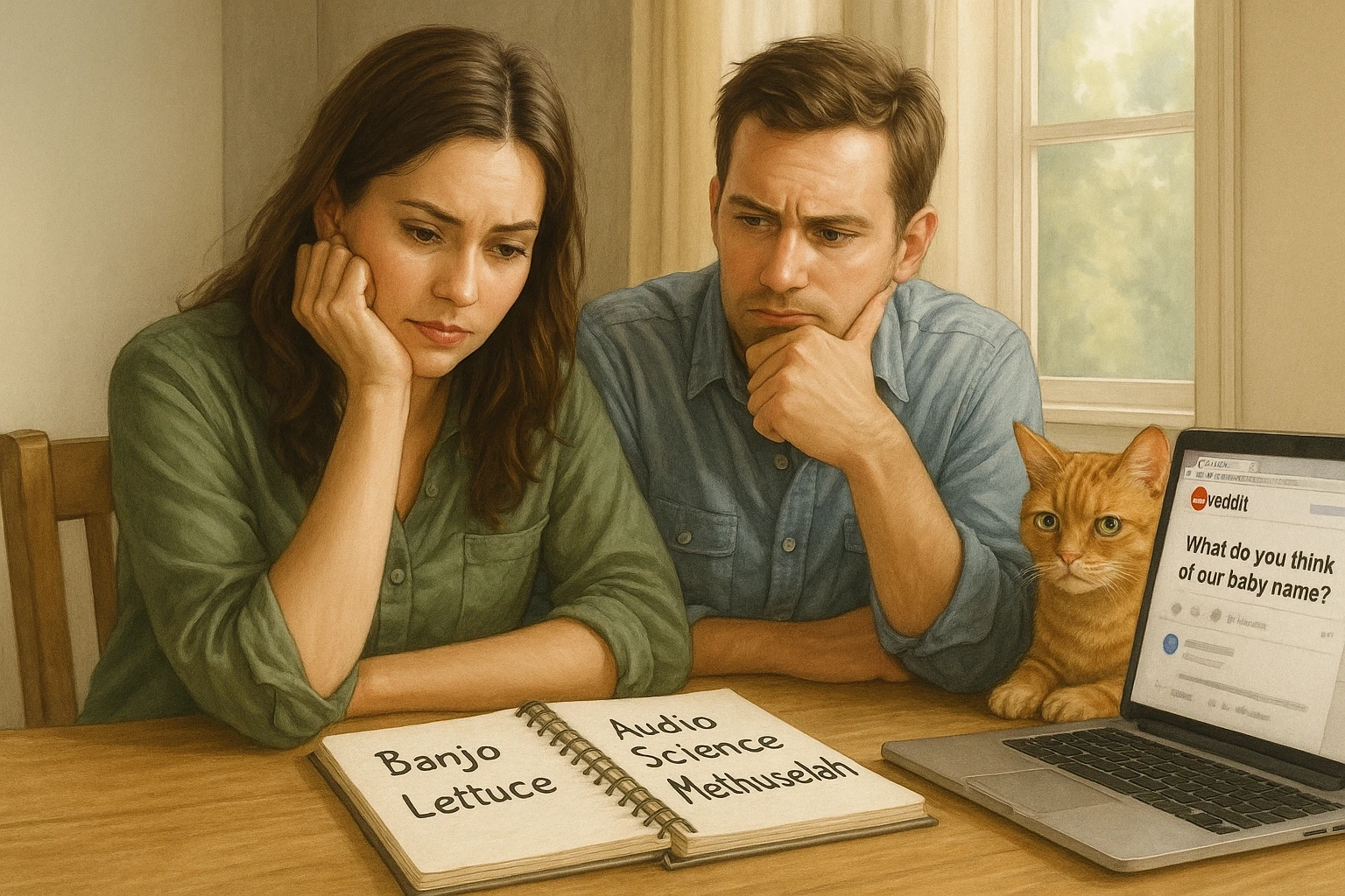 Hyper-realistic digital illustration of a young couple sitting at a wooden table, thoughtfully choosing baby names in a notebook with words like “Banjo” and “Lettuce,” while a ginger cat watches and a laptop open to a Reddit thread hints at viral online debate.