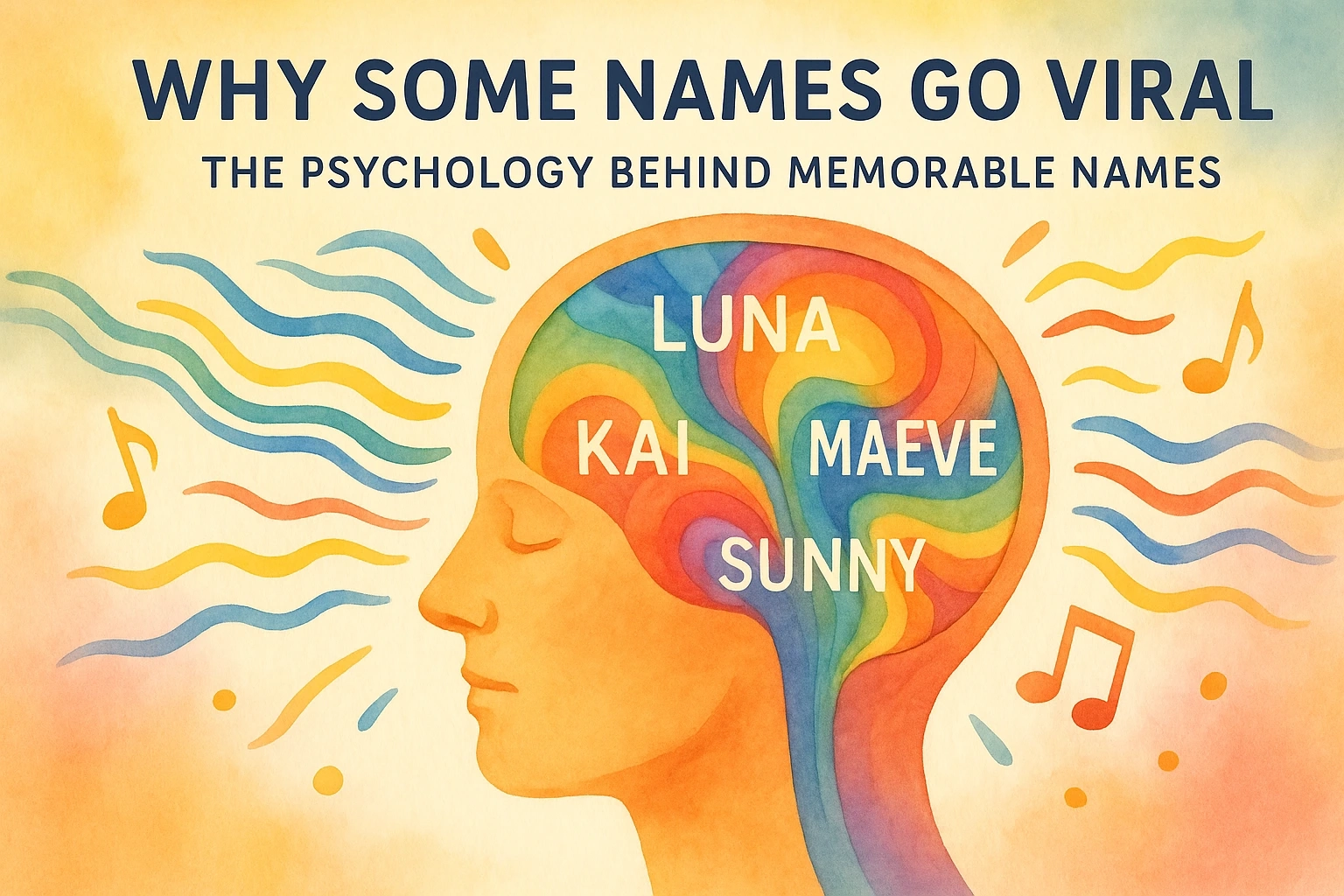 Colourful 2D digital illustration showing a stylised human brain filled with flowing letters and baby names like Luna, Kai, Maeve and Sunny — symbolising the psychology and sound patterns behind viral baby names.