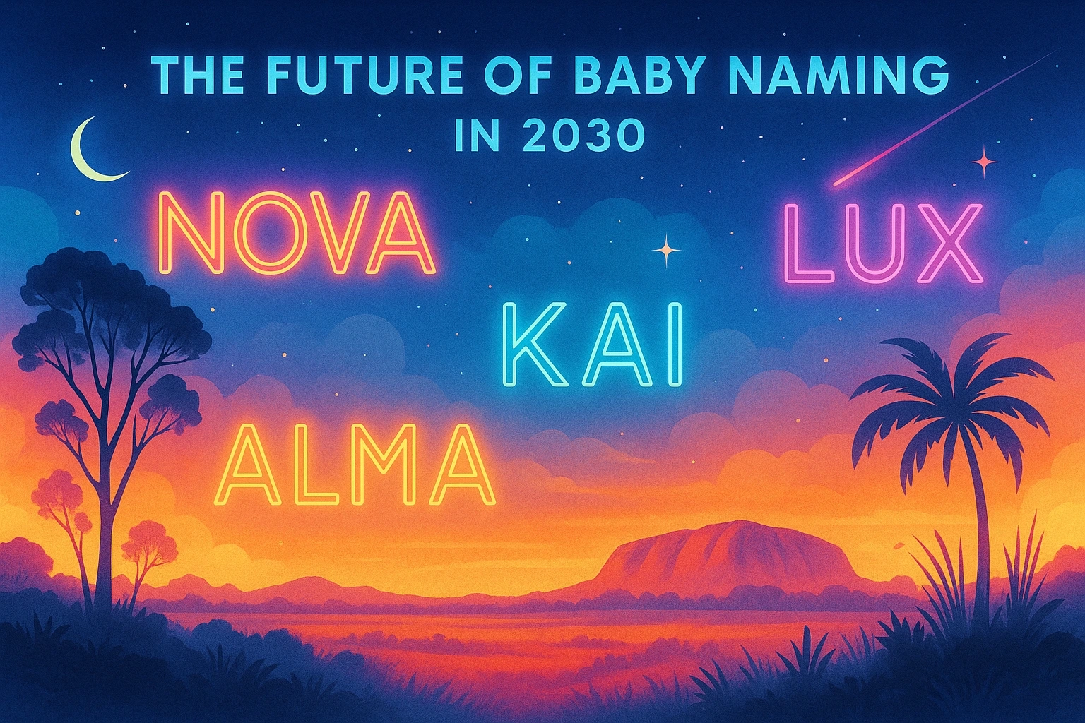 Futuristic digital illustration of the Australian sky in 2030 glowing with soft neon light and floating baby names like Nova, Lux, Kai, and Alma