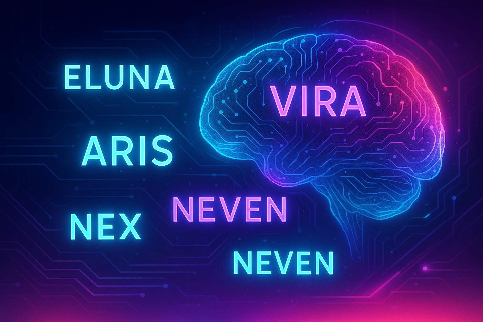 Futuristic digital illustration of the Australian night sky in 2030 glowing with neon baby names like Nova, Lux, Kai, and Alma above a desert landscape with trees and mountains — symbolising the tech-inspired future of naming trends.