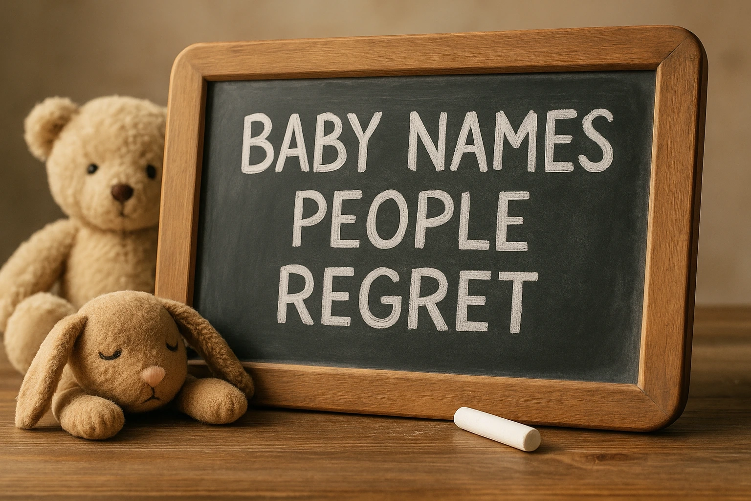Hyper-realistic photo of a wooden frame holding a baby name list with crossed-out choices, sticky notes, pens and soft natural light — symbolising the moment Aussie parents reconsider a name they once loved.