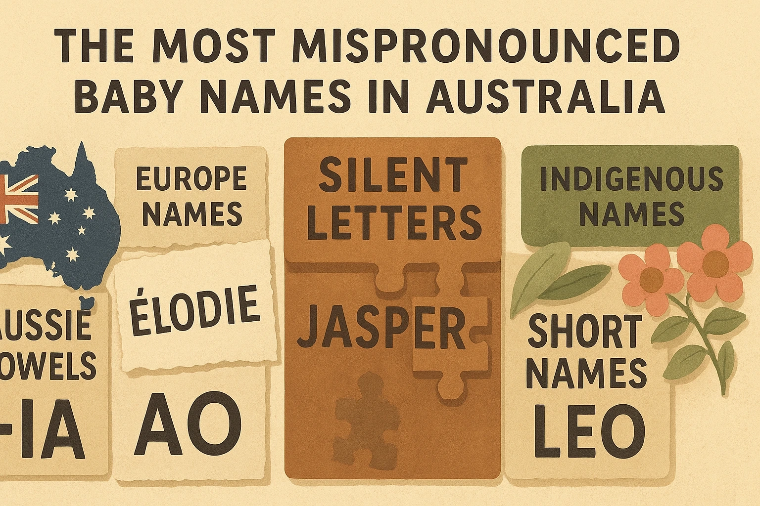 Wide-format illustration showing four baby names on colourful pronunciation cards, surrounded by speech lines and Aussie accents, symbolising why some names are often mispronounced in Australia.