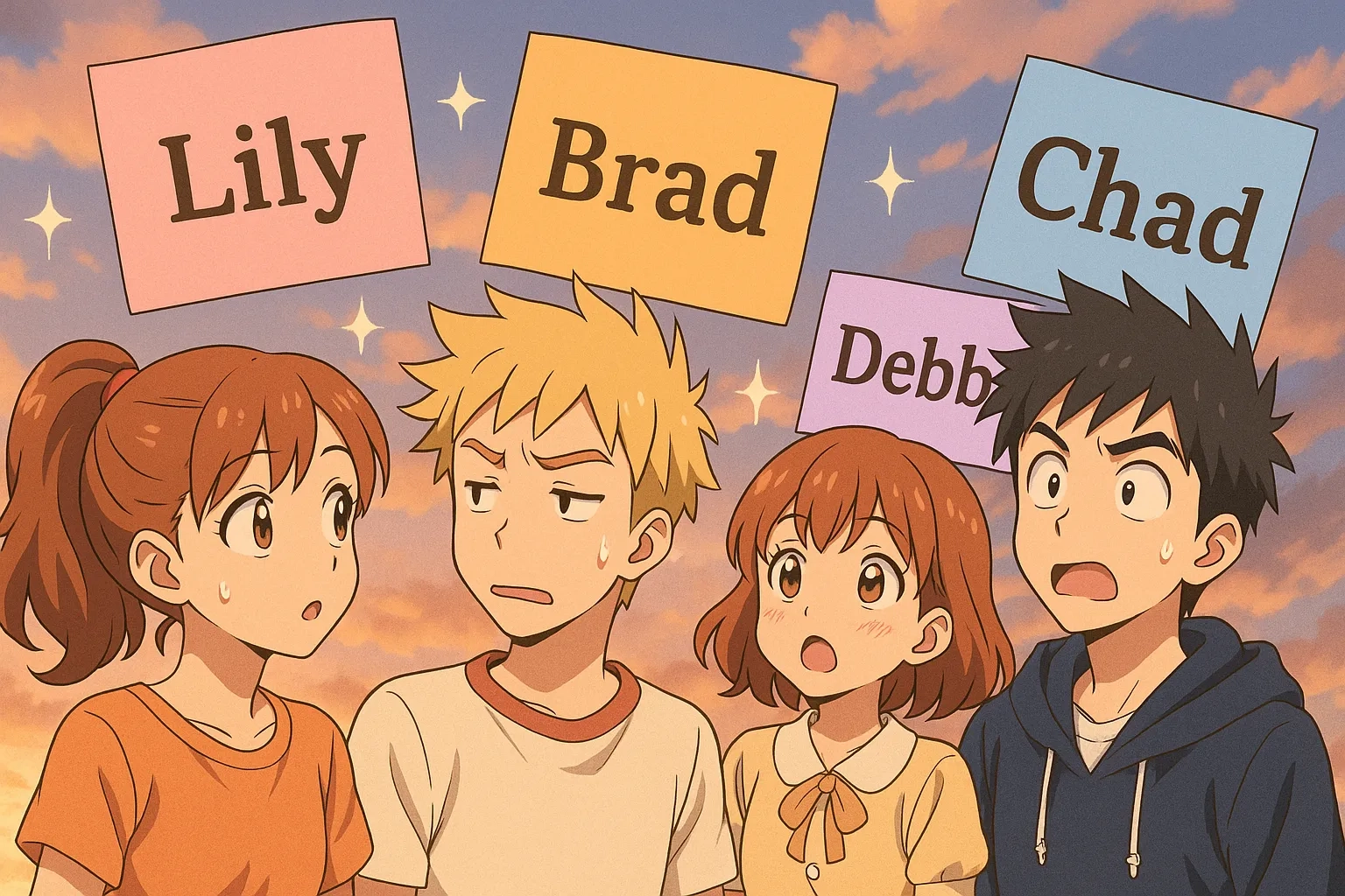 Wide-format anime-style illustration showing four baby name cards that peaked once and faded in Australia, surrounded by soft pastel accents and subtle trend markers.