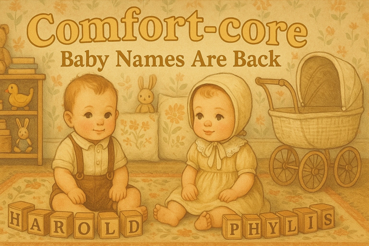 Vintage-style illustration of two babies sitting on a floral rug, one named Harold and the other Phylis, with wooden name blocks in front of them. Background includes classic toys, a pram and soft pastel wallpaper, evoking a comfort-core aesthetic.