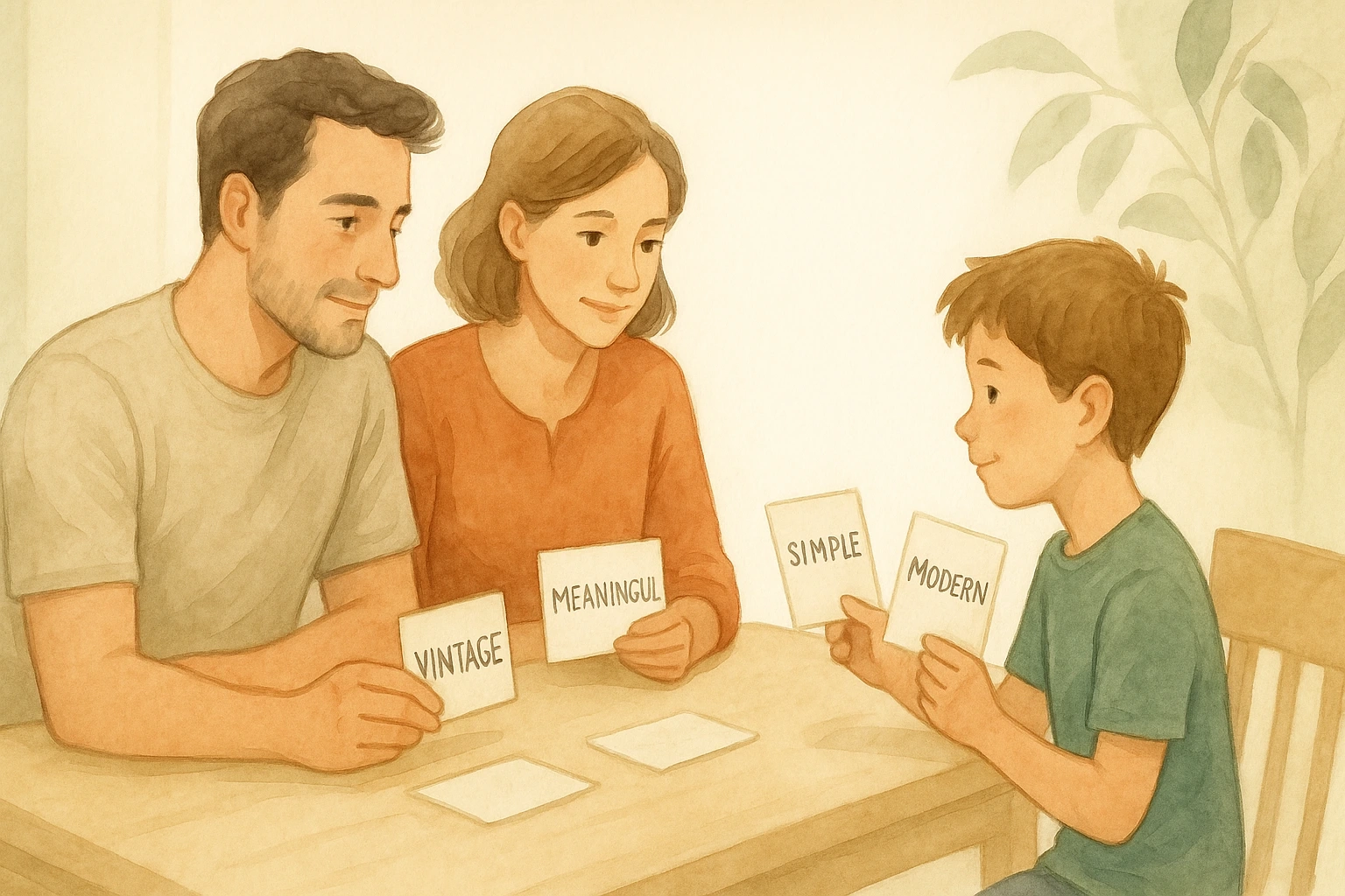 Watercolour illustration of an Australian family sitting at a kitchen table, with the parents holding name cards labelled “VINTAGE” and “MEANINGFUL,” and the child holding cards labelled “SIMPLE” and “MODERN,” showing the contrast between adult and child baby-name preferences.