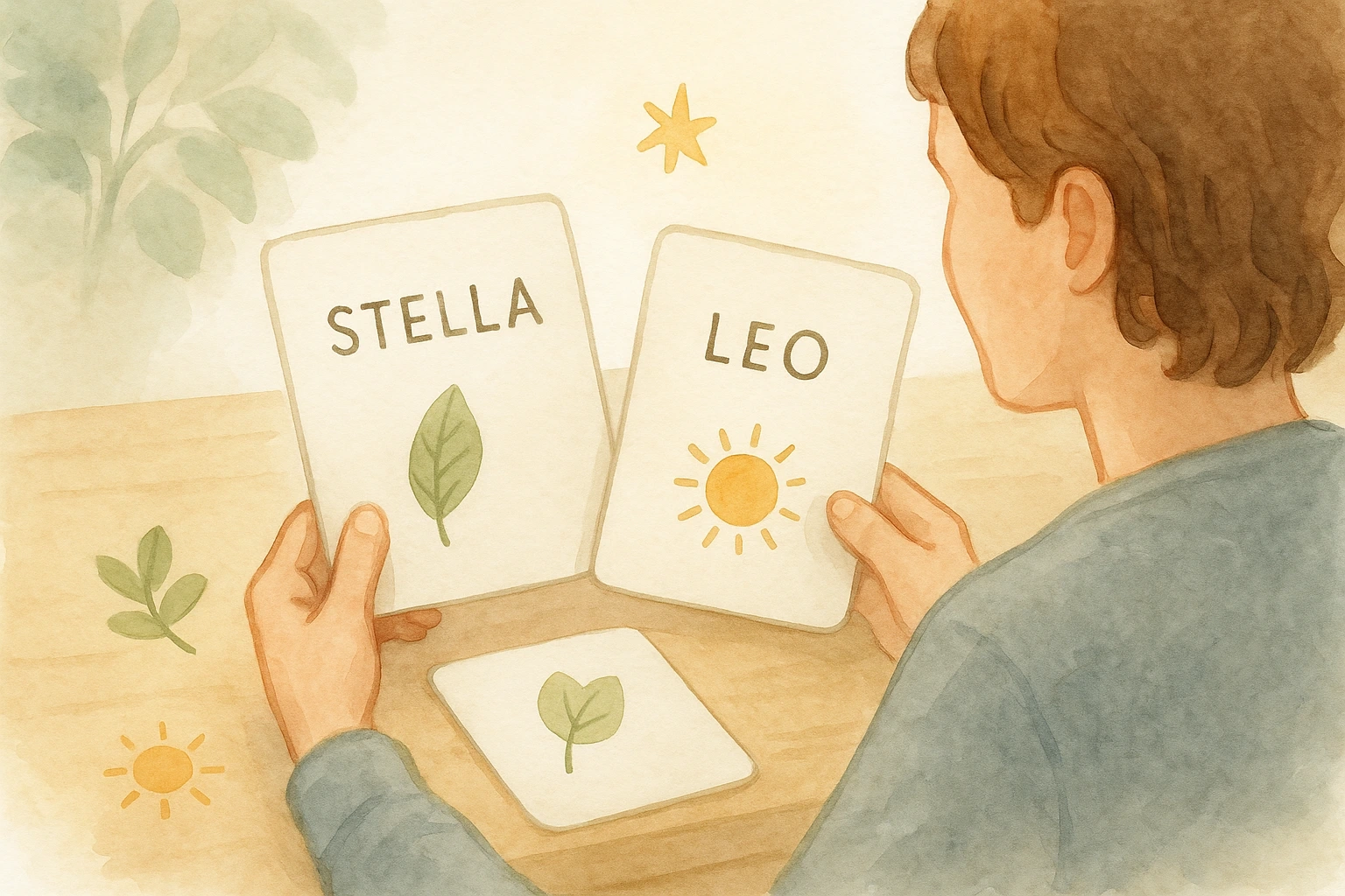Watercolour illustration of an Australian parent holding simple, easy-to-pronounce baby name cards with symbolic icons representing meaning, showing the idea of names that are meaningful but phonetically simple.