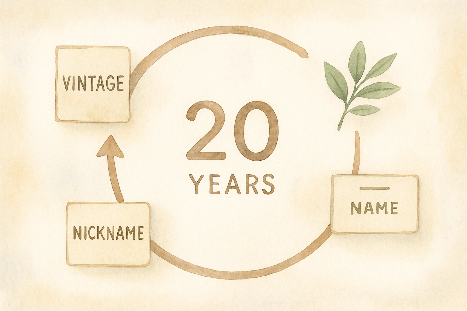 Watercolour illustration showing a circular timeline with baby name style icons — vintage, nature, minimalist and nickname-style — arranged around a soft 20-year cycle wheel, symbolising how name trends rise, fade and return.