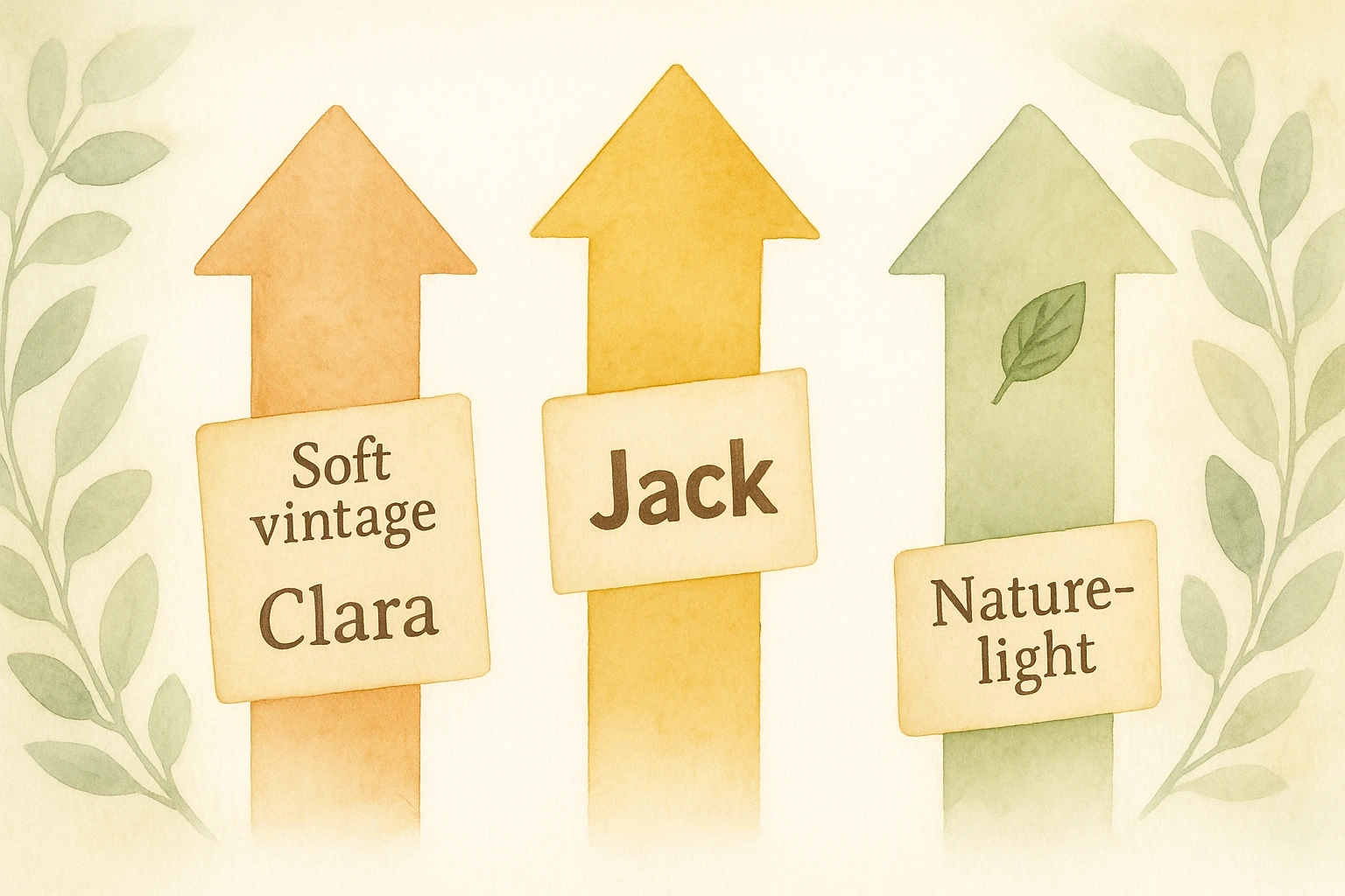 Watercolour illustration featuring three rising trend arrows representing soft vintage, nickname-style and nature-light baby-name trends expected to enter Australia’s Top 100 in 2026.