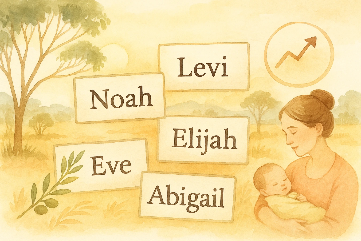 A soft watercolour illustration of an Australian landscape with eucalyptus trees, showing name cards reading Noah, Levi, Elijah, Eve and Abigail, an upward trend symbol, and a mother holding a baby — representing biblical baby names popular in Australia.