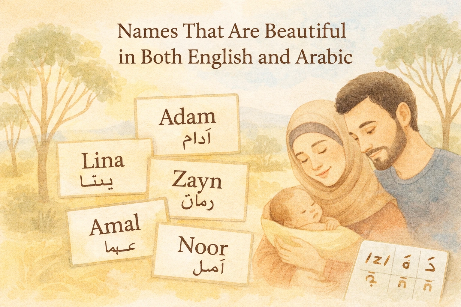 Watercolour illustration of an Australian multicultural family with bilingual baby name cards showing Adam, Lina, Zayn, Amal and Noor in English and Arabic, set against a soft eucalyptus landscape — representing names that work in both English and Arabic.