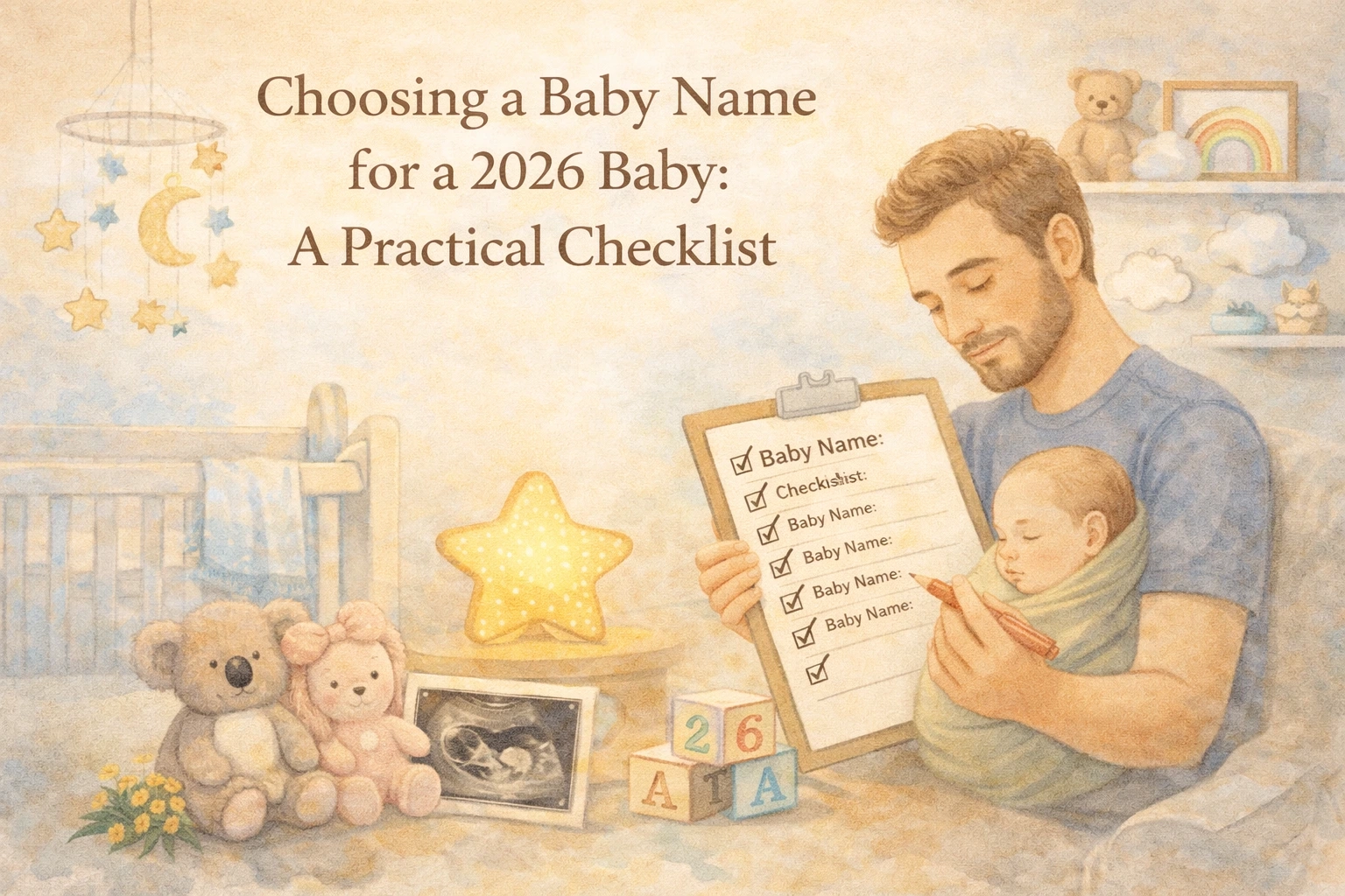Watercolour illustration of a parent choosing a baby name for a 2026 baby, reviewing a checklist in a calm nursery environment.