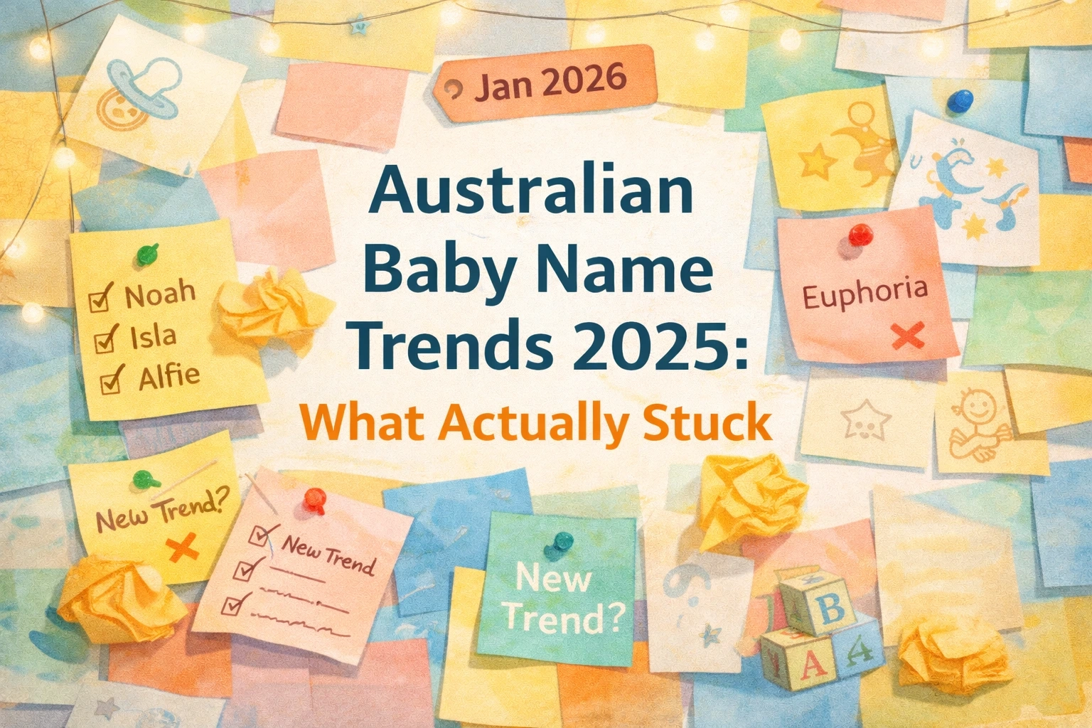 Illustrated collage showing which Australian baby name trends lasted in 2025, using sticky notes, checkmarks and crossed-out ideas.