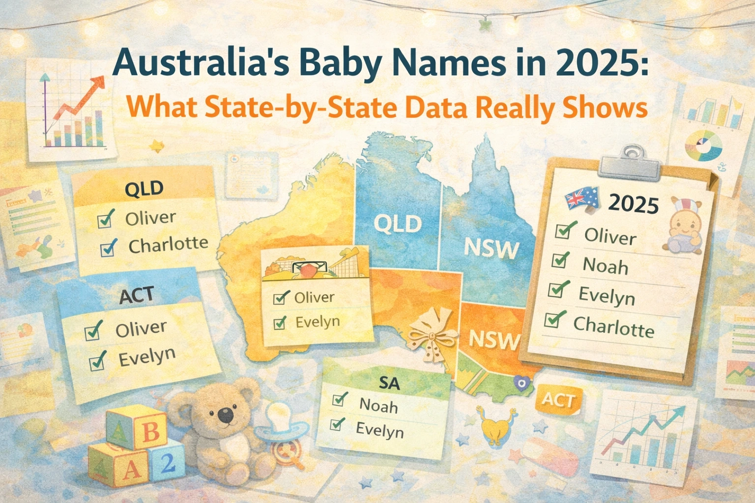 Illustrated map of Australia showing state-by-state baby name patterns for 2025, with checklists of popular names by region and visual cues highlighting how naming trends differ across Australian states.