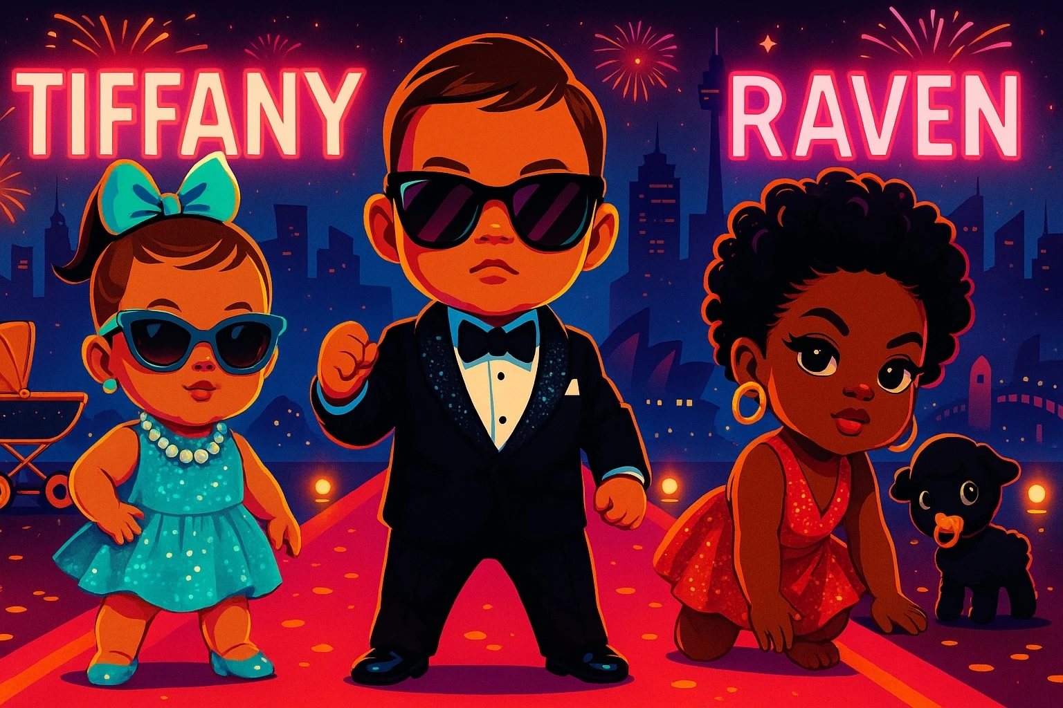 Glam baby name trend illustration featuring Tiffany and Raven on a red carpet with city skyline and fireworks – stylish babies in luxury outfits
