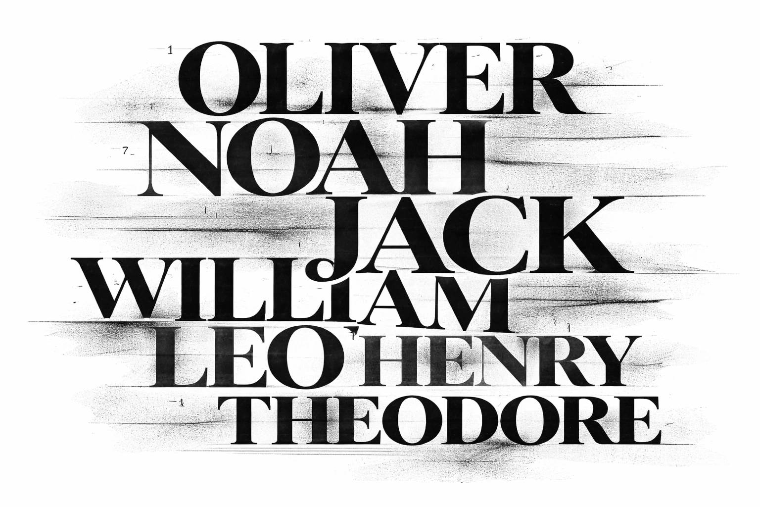Monochrome editorial-style illustration using layered typography to display Australia’s most popular baby boy names of 2025, treating name data as a cultural pattern rather than a ranking.