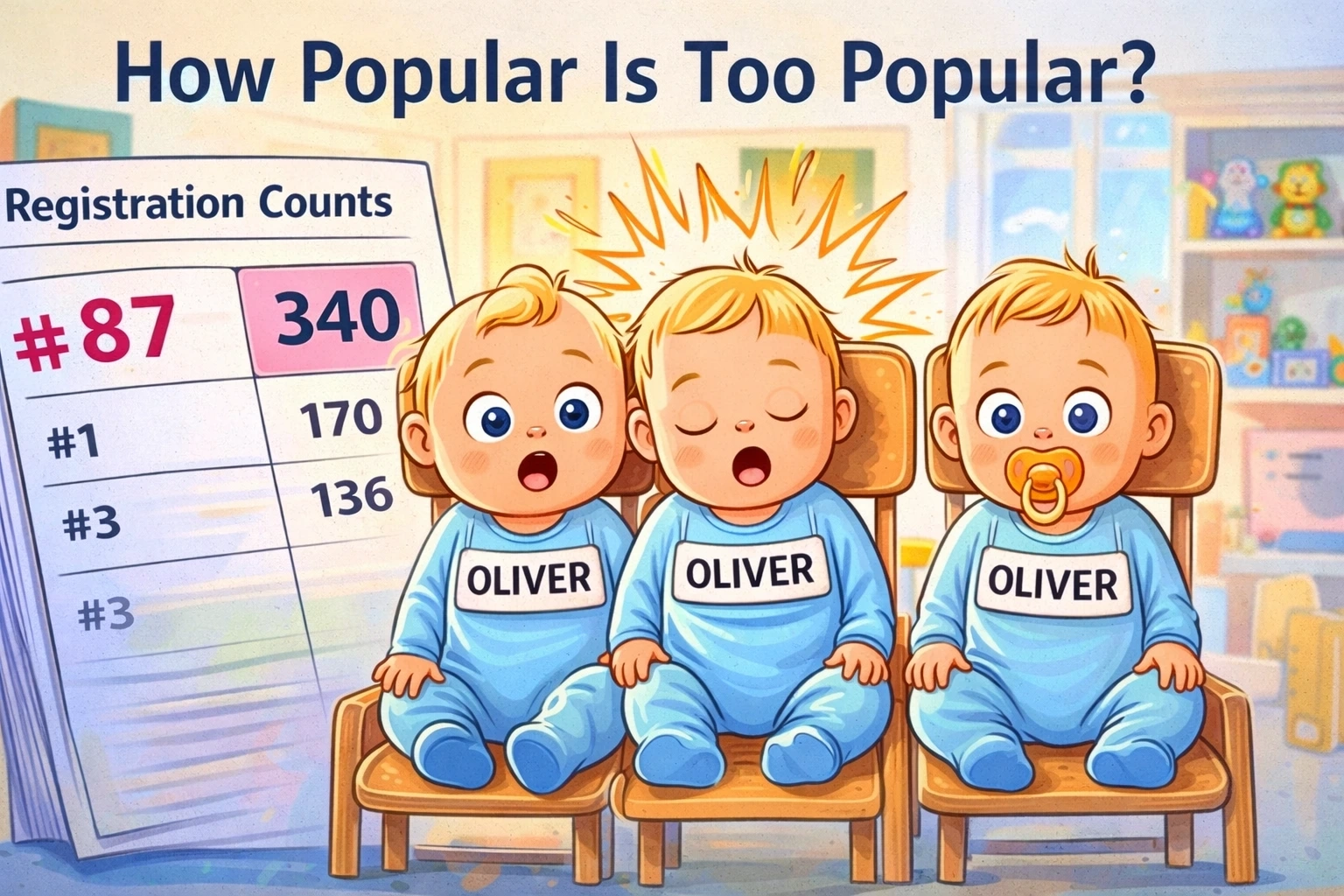 Three babies labelled “Oliver” sitting in a daycare, beside a “Registration Counts” chart highlighting how name rank can hide real popularity.