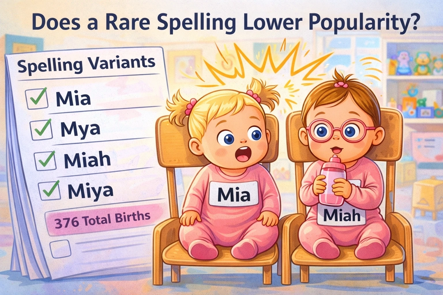 Two daycare babies labelled “Mia” and “Miah” beside a “Spelling Variants” checklist (Mia, Mya, Miah, Miya), showing how rare spellings don’t reduce real-world popularity.