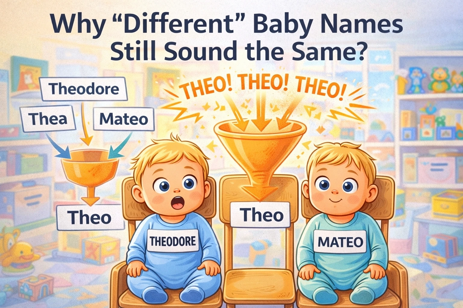 Daycare illustration showing “Theodore” and “Mateo” funnelling into the same nickname “Theo”, explaining why different baby names can still sound identical in class.