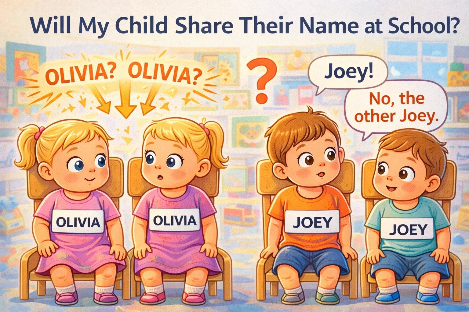 Daycare illustration showing two children named Olivia and two named Joey, highlighting real-world baby-name collision risk at school and daycare.