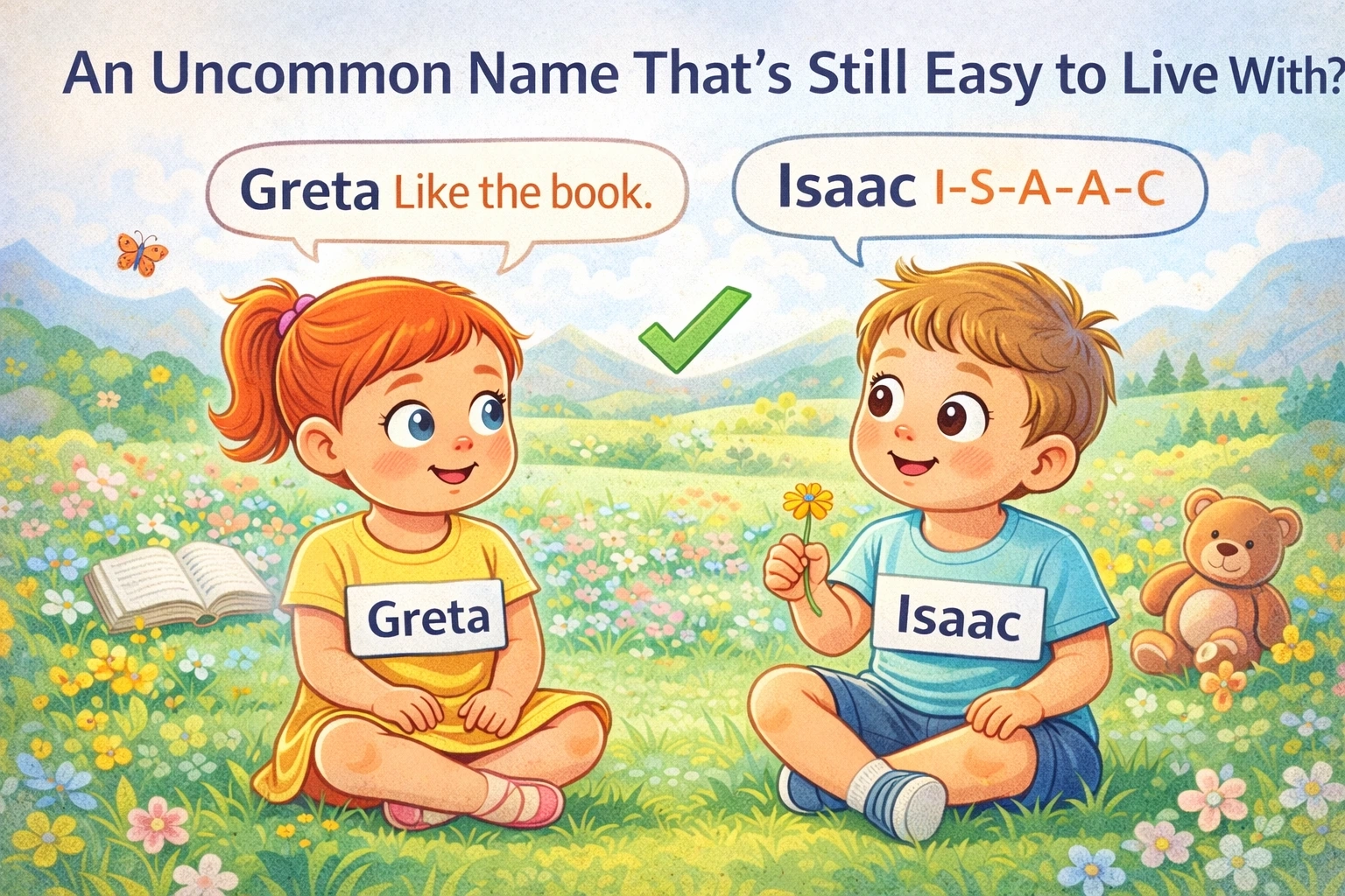 Two children named Greta and Isaac sitting in a sunny meadow, illustrating uncommon baby names that still feel easy to pronounce, spell and live with in Australia.
