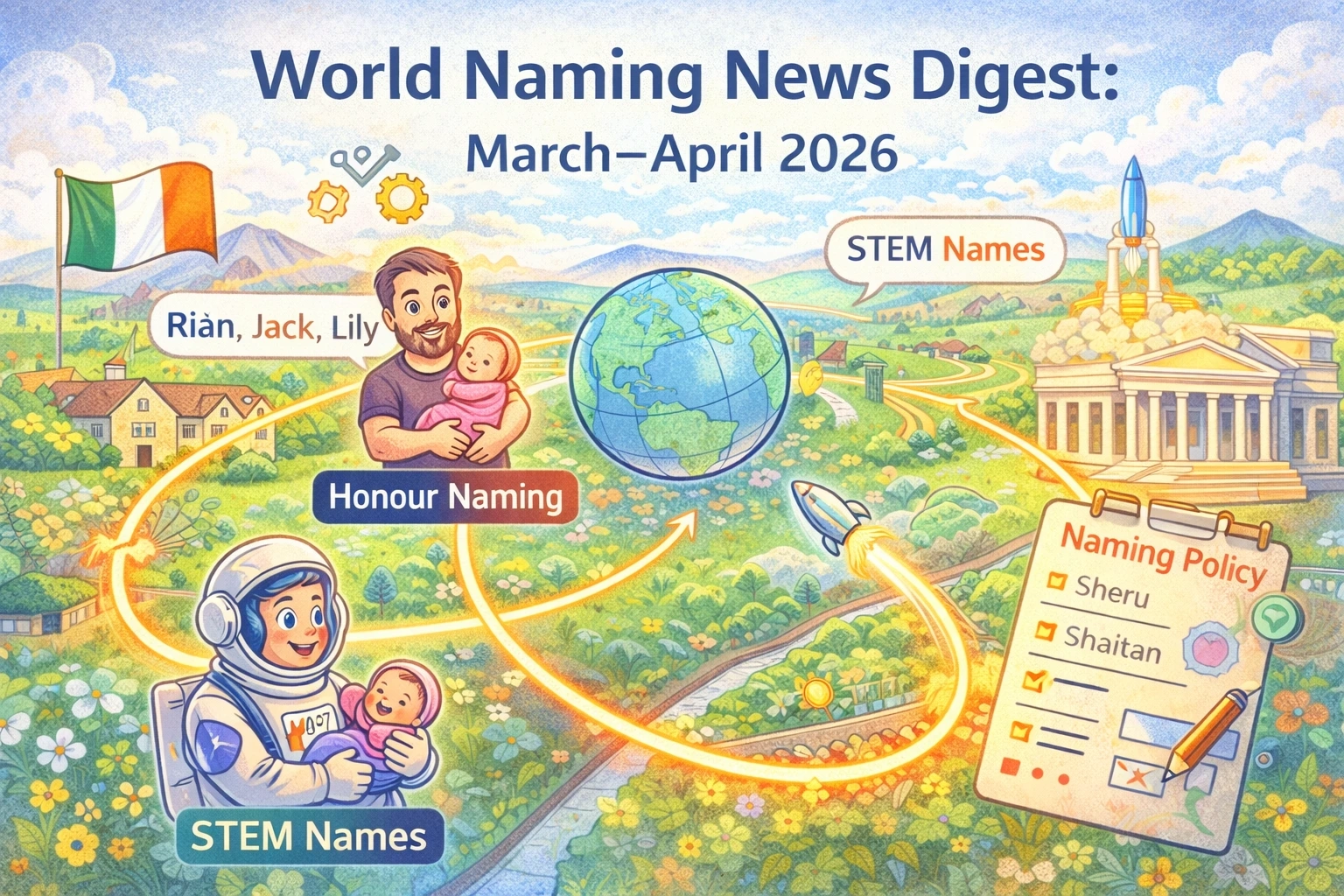 World map-style illustration for a naming news digest, showing Ireland’s baby-name trends, honour naming, STEM-inspired names and naming policy debates across March–April 2026.