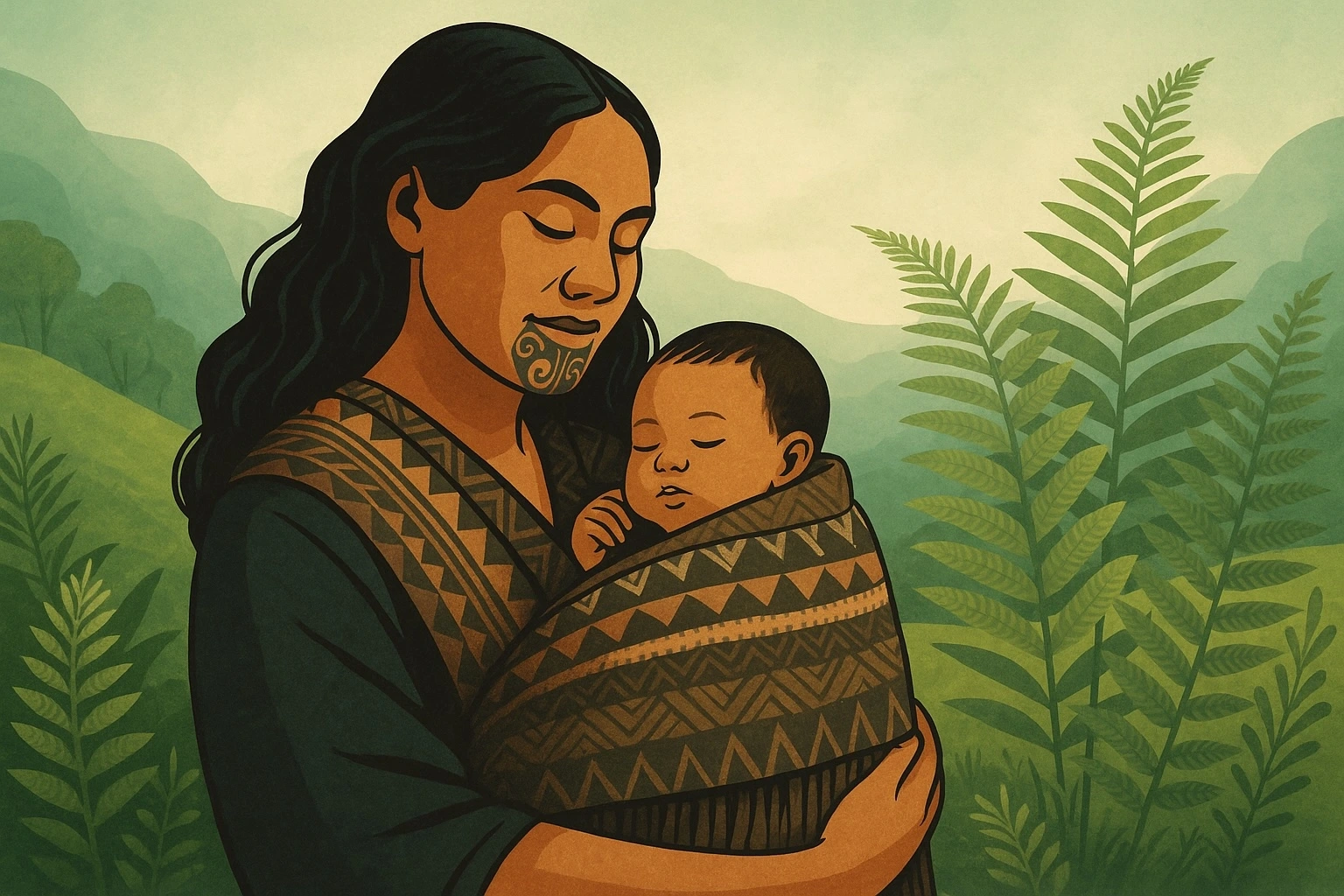 Illustration of a Māori mother with traditional chin moko holding her sleeping baby, wrapped in a patterned cloak, surrounded by lush green ferns and misty mountains.
