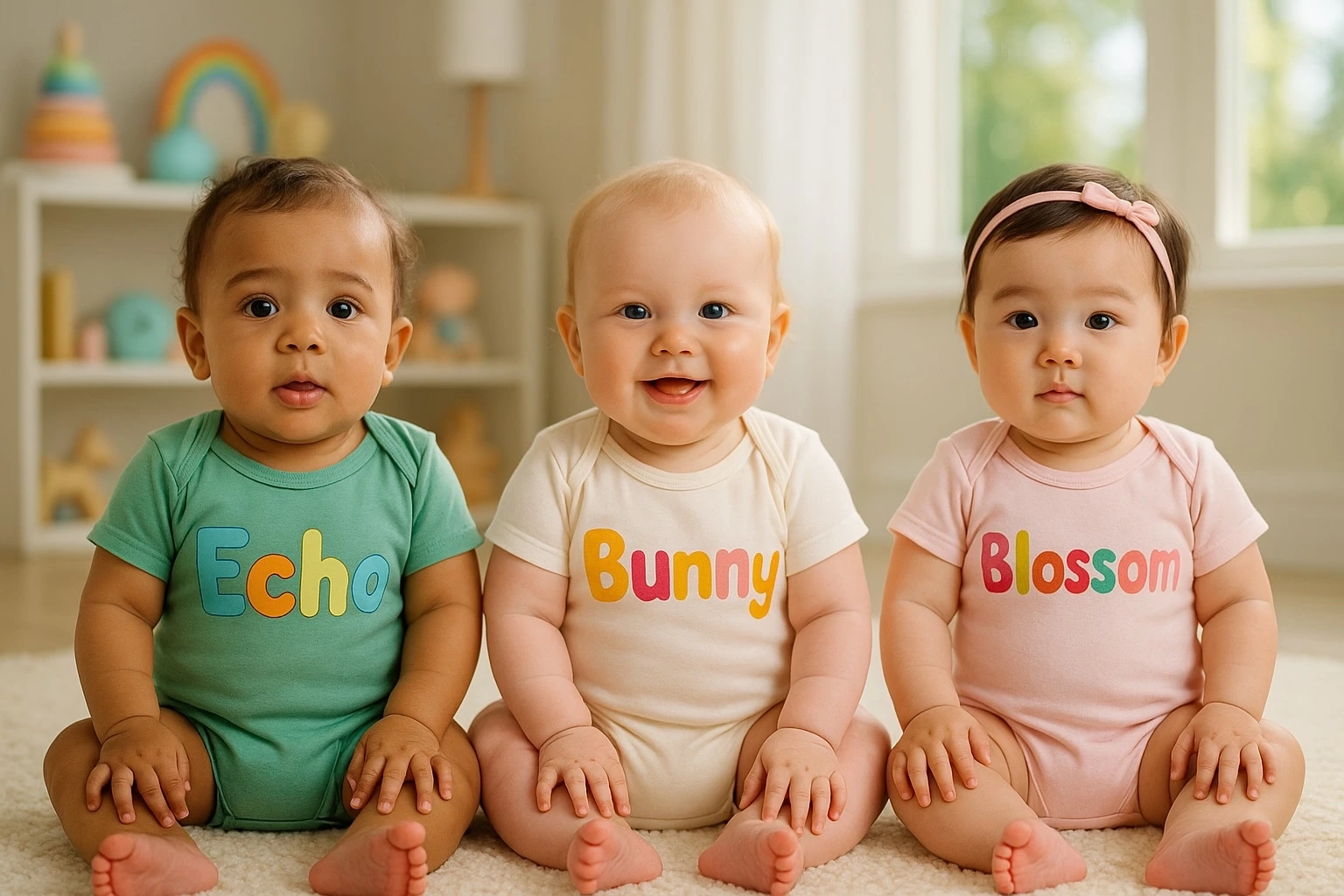 Three babies sitting side by side, each wearing a colourful onesie with a different word name: Echo, Bunny and Blossom. The babies are in a bright Australian nursery, representing the 2025 trend of word names.