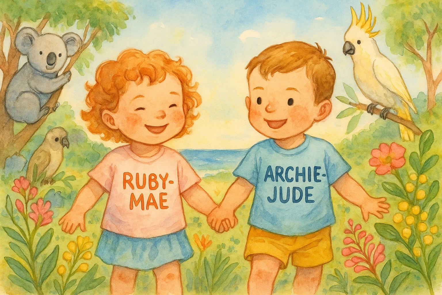Watercolour illustration of two smiling Aussie children holding hands, wearing shirts with the double-barrel names “RUBY-MAE” and “ARCHIE-JUDE”. They’re standing in a colourful Australian landscape with native flowers, a koala in a gum tree and a cockatoo perched nearby.